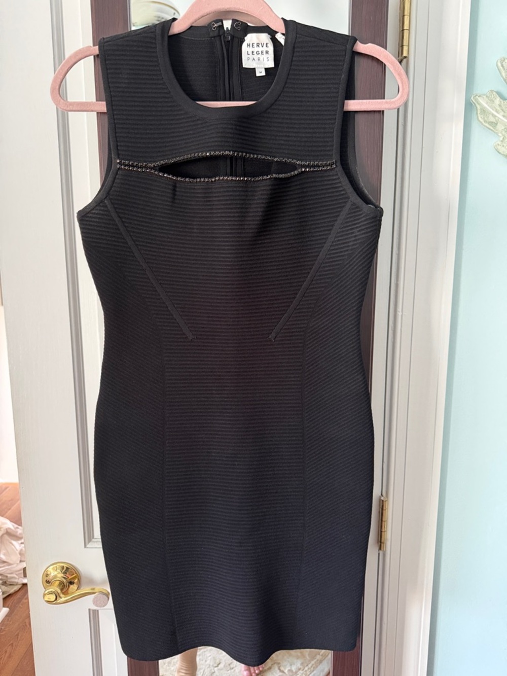 Herve Leger Black Sleeveless Bandage Mini Dress with Keyhole Trim
